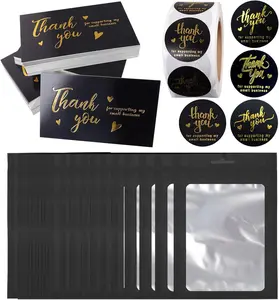 620 count Thank You Business Cards Stickers Set  Foil Include 100 Thank You Business Card 500 Thank You for Supporting My Small Business Stickers 20 Resealable Packaging Bags Owners (Black)