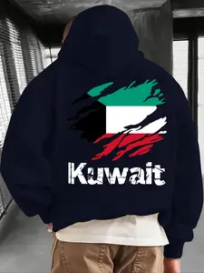 Men's Kuwait Front & Back Print Geometric Hoodie, Fall Winter Casual Regular Fit Long Sleeve Sweatshirt, Fashion Daily Wear Clothing