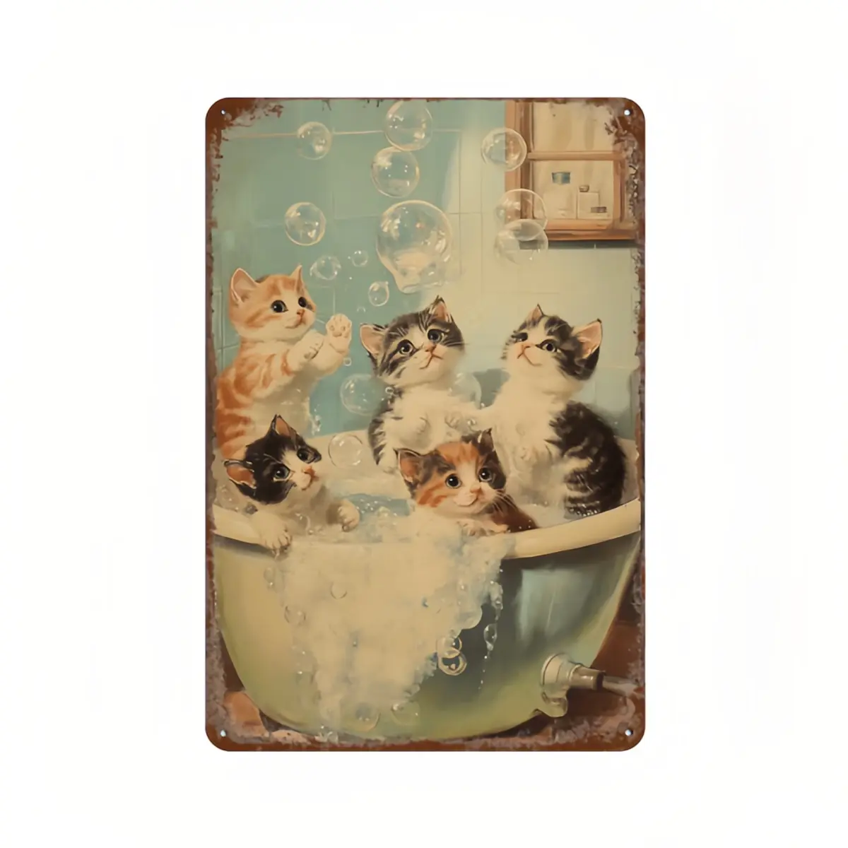 Vintage Distressed Look Metal Tin Sign - 5 Cute Kittens Bathing in Tub with Soap Bubbles, Light Blue Tile Wall Plaque, Shabby Chic Whimsical Home Decor for Cat Lovers' Restroom, Pet Grooming Salon, House & Room Decor