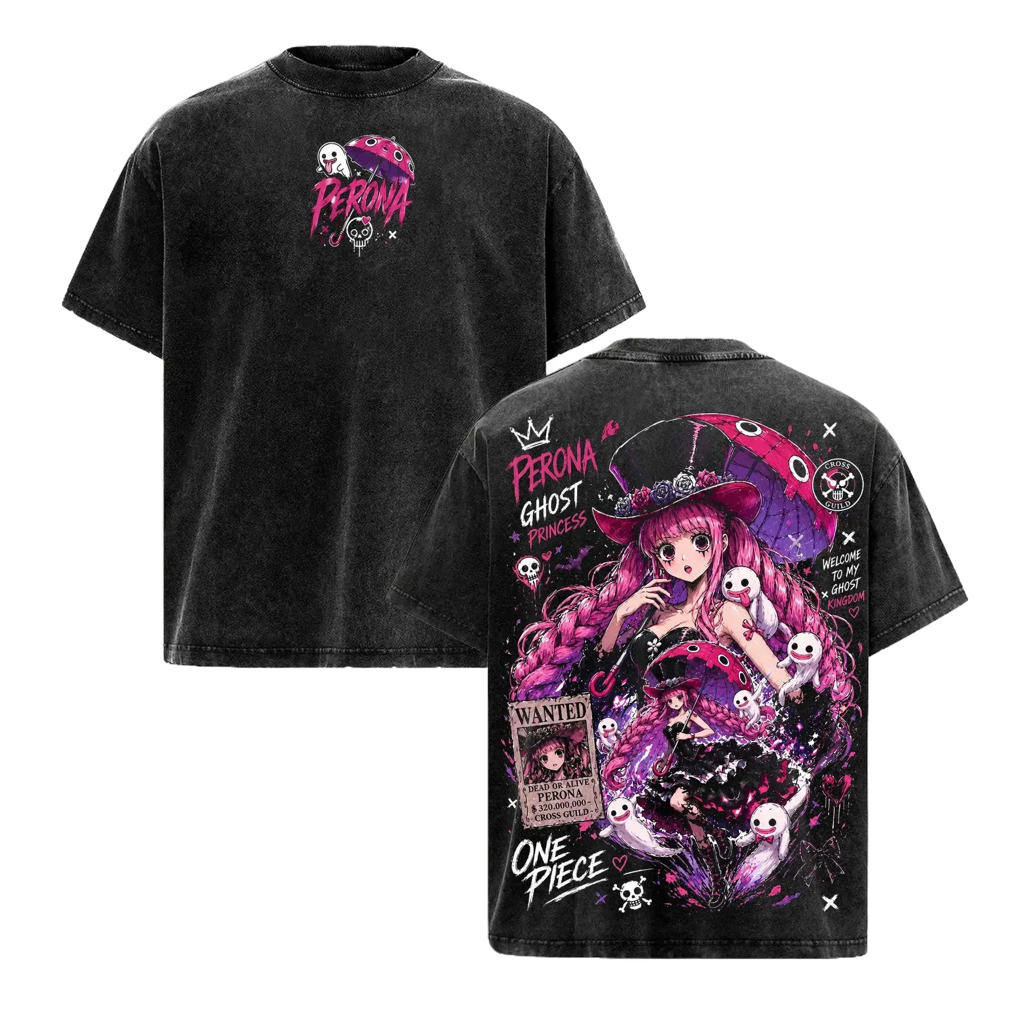 Vintage Washed Oversized Graphic Tee Gothic Lolita Anime Shirt Ghost Princess Waifu Y2K Streetwear Heavyweight Cotton Men Women Casual Top Pink Hair Manga Retro Print Japanese Kawaii Clothing Gamer E-Girl Harajuku Aesthetic Summer Outfit