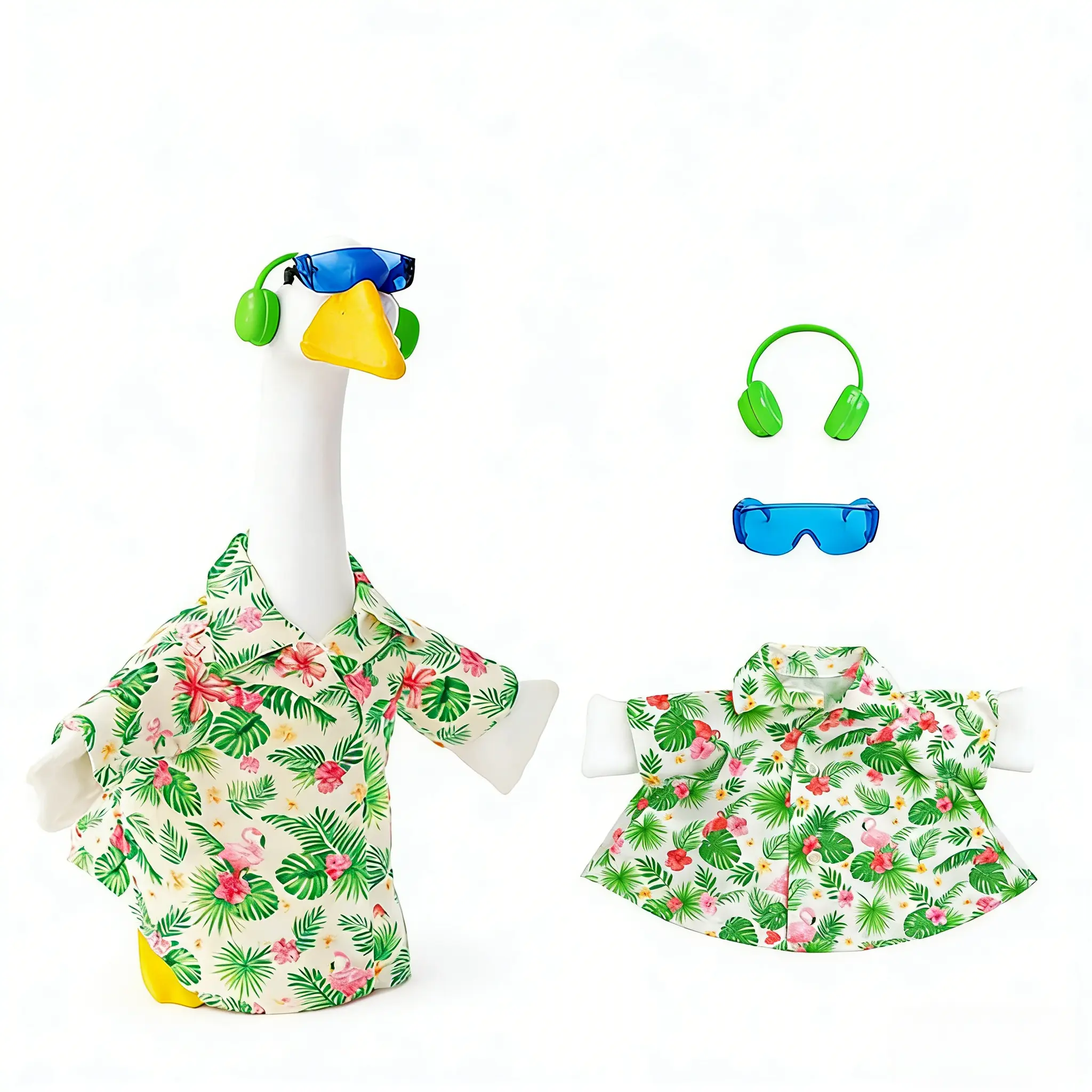 23" High Cement Porch Goose Outfits for Exterior Decorative Statues - Summer Tropical Hawaiian Flamingo Shirt, Blue Sunglasses, Green Headphones - Funny Outdoor Garden Patio Holiday Decor Accessories