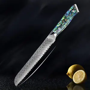 Damascus Steel Bread Knife with Real Abalone Shell Handle - Japanese VG10 67-Layer Damascus Steel - 8" Serrated Blade, Luxury Gift Box