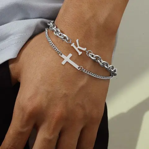 Men's Fashion Letter & Cross Design Bracelet, Casual Trendy Stainless Steel Chain Bracelet, Fashion Accessories for Daily Wear Stainless Steel Bracelets