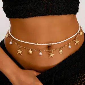 5Pcs Boho Body Jewelry Bundle, 2Pcs Adjustable Layered Gold Starfish Shell Beaded Waist Chains + 3Pcs Pearl Shell  Anklet Set, Bohemian Bikini Body Accessories for Women Beach, Summer Festival, Vacation & Daily Boho Outfit Matching