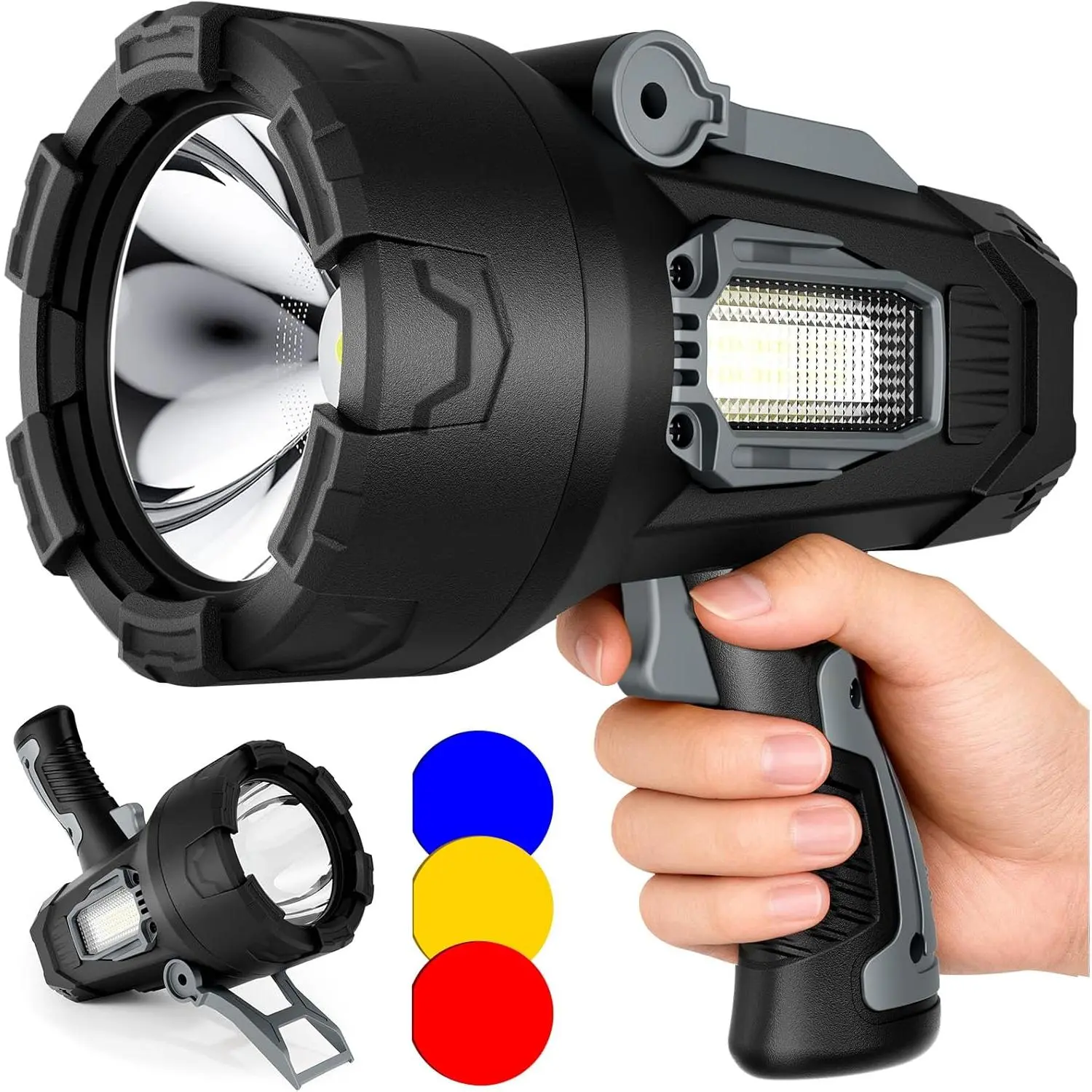 Rechargeable Spotlight 200000 Lumens, Waterproof Super Bright Spotlight Flashlight, LED Spotlights with 3 Color Lenses and Foldable Stand, Long Runtime Large Handheld Spot Light for Outdoor Boating