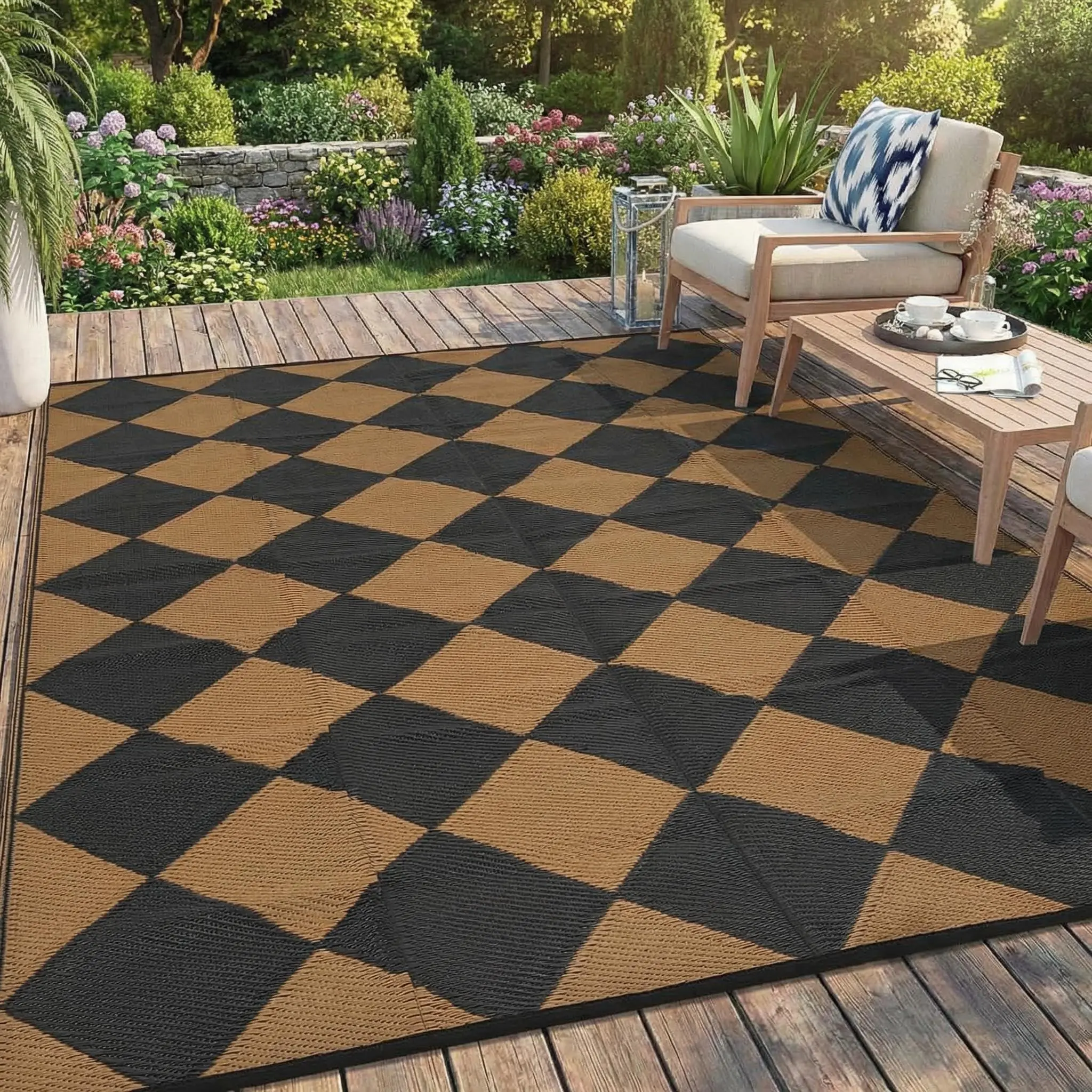 Outdoor Rug Outdoor Patio Rug Reversible Plastic Straw Rugs Waterproof Foldable Mat Easy Clean Lightweight Carpet for Backyard Camping Porch RV Beach Balcony Deck Picnic Checkered Brown