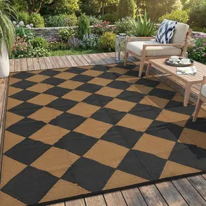 Outdoor Rug Outdoor Patio Rug Reversible Plastic Straw Rugs Waterproof Foldable Mat Easy Clean Lightweight Carpet for Backyard Camping Porch RV Beach Balcony Deck Picnic Checkered Brown