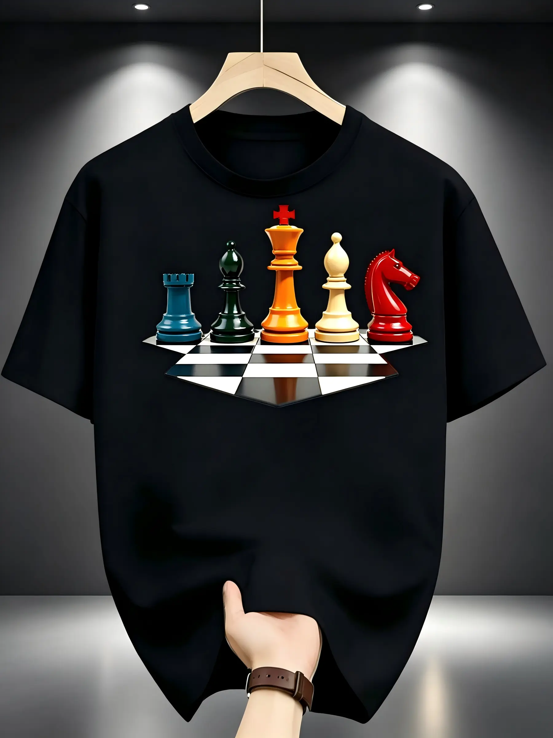 3D Colorful Chess Pieces Unisex T-Shirt for Men & Women - Checkerboard Strategy Graphic, Soft Cotton Crew Neck Short Sleeve, Comfortable All-Season Tee, Perfect for Everyday Casual & Chess Lover Style, Summer Spring, Machine Washable
