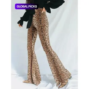Women's Leopard Print High Waist Flare Leg Pants, Street Style Bell Bottom Trousers For Party Club, Ladies Bottoms For All Seasons, Womenswear