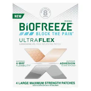 Biofreeze UltraFlex Lidocaine Patches Maximum Strength, Flexible Pain Relief Patch for Lower Back, Lidocaine Patch for Neck, Knee, Shoulder, 4 Large Pain Patches