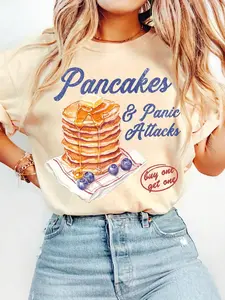 Unisex Pancakes & Panic Attacks Graphic Round Neck Fitted Tee, Fashion Casual Women Crew Neck T-shirt for Daily Holiday Vacation Outdoor Wear, Unisex Top for All Seasons