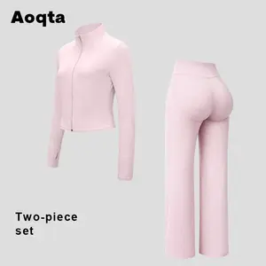 Aoqta Women 2-Piece Workout Set, Full Zip Long Sleeve Athletic Jacket with Thumb Holes & High Waist Flare Yoga Leggings, Soft Stretchy Gym Activewear Matching Outfit,Yoga Athleisure,gym outfits