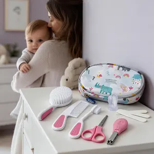 9pcs/set Baby Healthcare & Grooming Kit - Baby Comb, Brush, Face wash brush, Nail Clippers Files, Scissors - Nursery Care Kit (Blue&Pink) Nail Trimmer