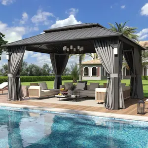 Aoxun 12'x14' Hardtop Gazebo with 4 LED Lights, Outdoor Gazebo with Galvanized Steel Double Roof, Patio Gazebo with Breathable Netting & Privacy Curtain, Decor Hooks for Backyard, Gray