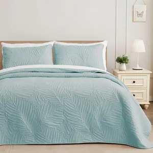 Queen Quilt Bedding Set With 2 Pillow Dark Grey,Blue Pink,Soft & Lightweight,Soundwave Technology Embossed,Quilts Queen Full Size For All Seasons,Oversized Bedspread,Leaf Pattern Bed Cover,3 Pieces