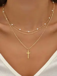 Golden Layered Pearl Cross Necklace — Exquisite Multi-Tiered Cultured Pearl Necklace for Women, Dainty Pearl Necklace, Halloween and Christmas Gift, Everyday Layered Fashion Accessory, Pearl Chain Necklace