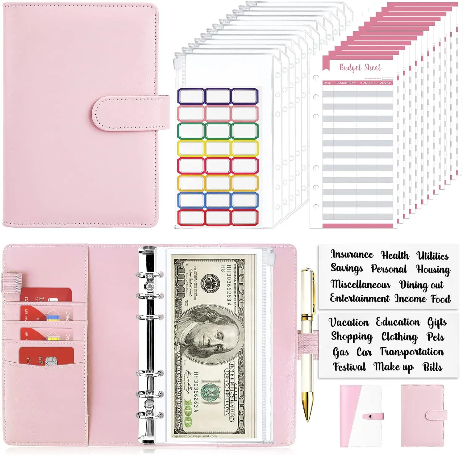 Budget Binder, Budget Binder with Zipper Envelopes, Cash Envelopes for Budgeting, Money Organizer for Cash, 28Pcs Budget Planner with Cash Envelopes O