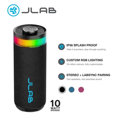 JLab Go Party Portable Bluetooth Speaker 10W Power 16 Hours Playtime RGB Lighting IP56 Waterproof Bluetooth 5.3 EQ3 Sound Modes with Loop Handle Music Speaker Portable Wireless Soundbox