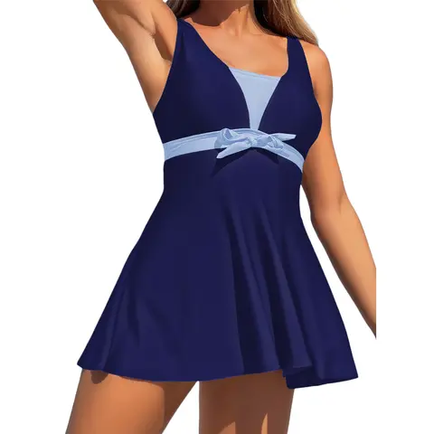 Aleumdr Women's Printed 2-Piece Tankini Bathing Suit - Colorblock Design, Tummy Control Swimdress, High Rise Bottoms with Pocket, Breathable Nylon Spandex Blend, Adjustable Straps for SwimWeek Vacations, Swimsuit for Women