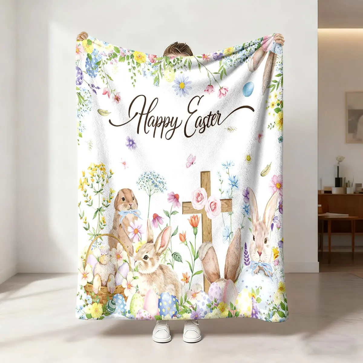 1 Easter themed rabbit flower blanket cross egg print flannel blanket soft and comfortable bed blanket sofa blanket camping and other uses available all year round