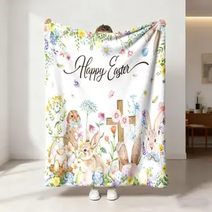 1 Easter themed rabbit flower blanket cross egg print flannel blanket soft and comfortable bed blanket sofa blanket camping and other uses available all year round