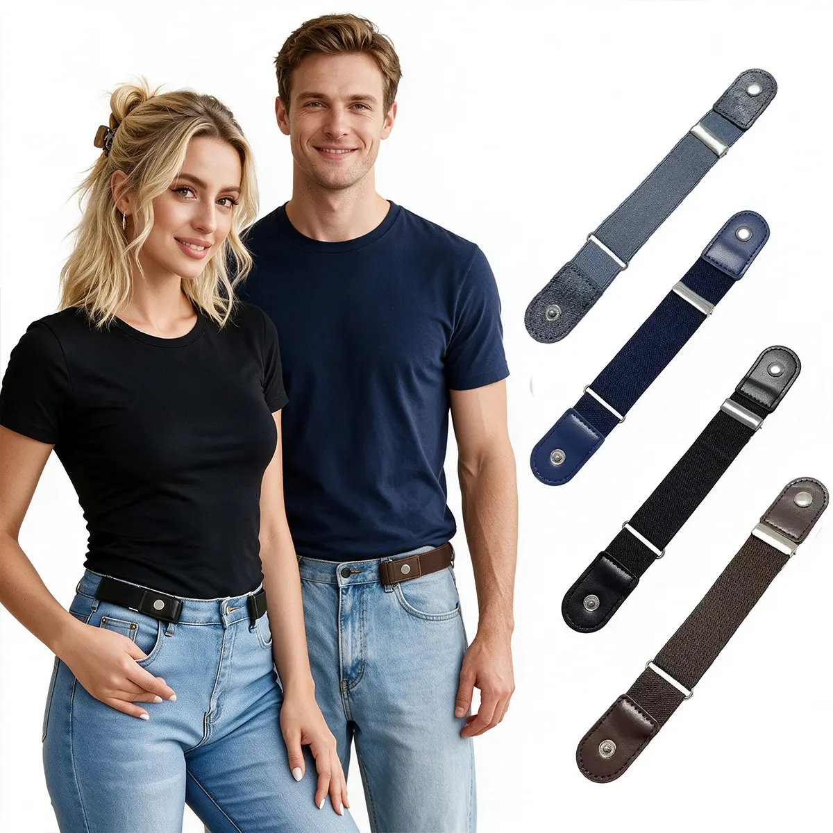 TFT Adjustable Elastic No Buckle Belt for Women Men, Invisible Waist Tightener for Jeans Pants with Snap Buttons, PU Leather Ends and Stretch Strap