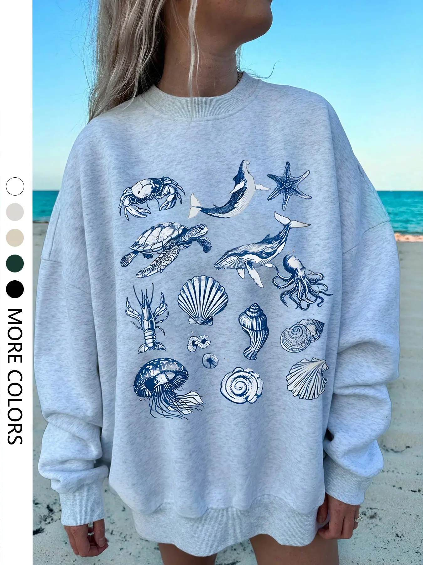 Women's Shell Whale Turtle Print Shoulder Drop Sweatshirt, Casual Long Sleeve Pullover for Fall and Winter, Loose Fitting Thick Sweater for Daily Wear Womenswear