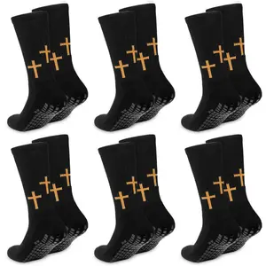 4 Pairs Men's Anti-Slip Grip Socks for Soccer - Center Tube Design, Golden Cross Detail, Reinforced Heel & Toe, US Sizes 6-12, Suitable for Christian Football & Sports Training