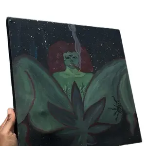 Stoned Goddess 12x12 Canvas Painting with Unique Artistic Design Featuring a ‘Stoned Green Goddess’  and Cannabis Leaf Motif