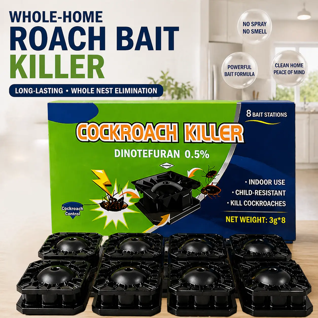 8 Pack Roach Killer Bait Stations - Household Roach Traps Indoor, Odorless, No Mess, Pet-Friendly Formula, Fast-Acting Nest Control for Kitchen, Garage