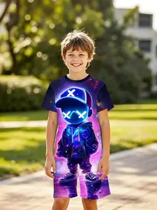 Cute Blue Gradient Cyber Neon Cartoon Boy Short Sleeve Set, Slim Fit Casual Street Summer, Perfect Gift for Boys