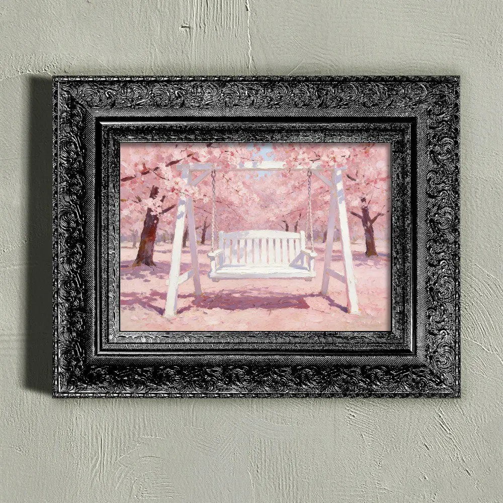 Minimalist European Wall Frame, Dreamy Pastel Painting, Swing in Cherry Blossom Forest, Indoor Decor, Sizes 8x12/12x16/16x22 Inches