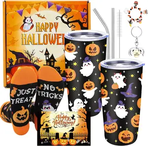 Halloween Gifts Set 6PCS Halloween Tumbler Set 20oz Stainless Steel Tumbler with Lids and Straw Socks Keychain Bracelet Thanks Card Halloween Pumpkin Boo Basket Stuffers