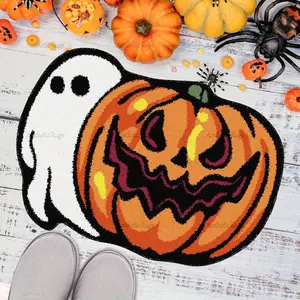 Halloween Pumpkin Ghost Plush Bath Mat, Soft Absorbent Carpet for Bathroom, Cute Cartoon Holiday Decor Rug, Ideal for Bedroom & Entryway