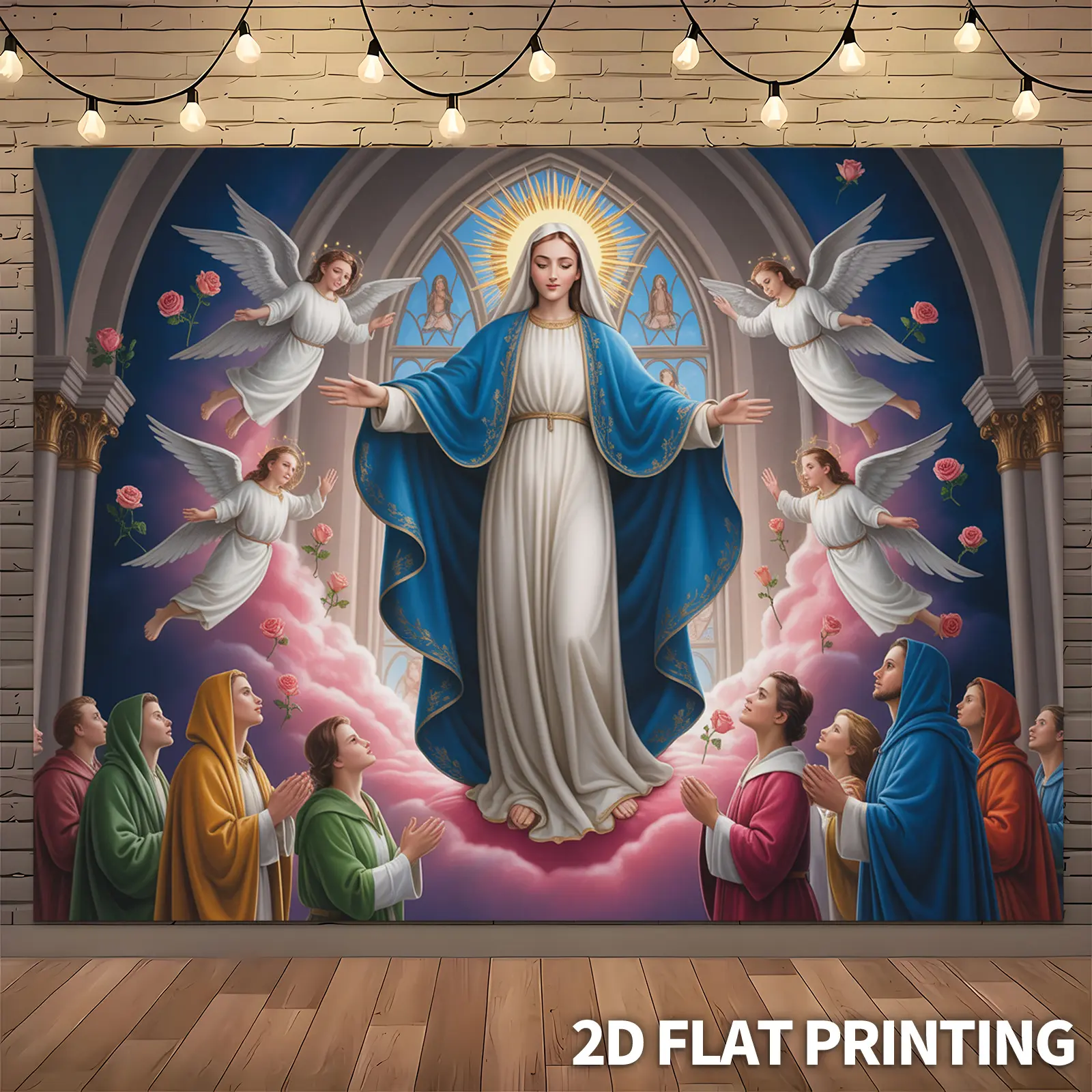 1PC Soft Catholic Virgin Mary Assumption 2D Flat Glam Extra Large Polyester Banner - Durable, Angel Prints, Pink Roses, Heavenly Clouds, Ceiling-to-Floor Textile Backdrop for Church Weddings, Home Altars (No Electricity Needed), Wedding