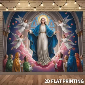 1PC Extra Large 2D Flat Virgin Mary Assumption Catholic Banner - Angels, Pink Roses & Heavenly Clouds, Durable Polyester, No Electricity Needed, Ceiling-to-Floor Backdrop for Church Weddings/Masses/Home Altars