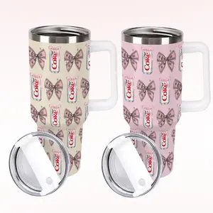 40oz Bow & Diet Coke Tumbler with Handle, Pink Ribbon Pattern Travel Tumbler, Feminine Soda Money Aesthetic Hydration Cup, Women & Girls, Great Gift for Diet Soda Lovers Stainless Steel Tumbler Keeps Drinks Hot and Cold