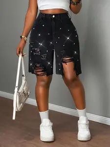 Women's New Fashion Denim Mid-Thigh Pants, Multiple Colors Available, Ripped Design, Rhinestone Craftsmanship, Washed Trendy Women's Mid-Thigh Pants