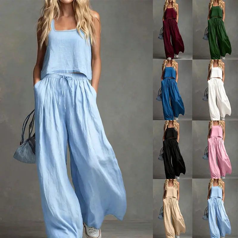 Women's 2-Piece Plus Size Sleeveless Cotton-Linen Camisole Top and Wide-Leg Pants Set, Solid Color Casual Women's Clothes Plus Size Sets-DAN-HAN