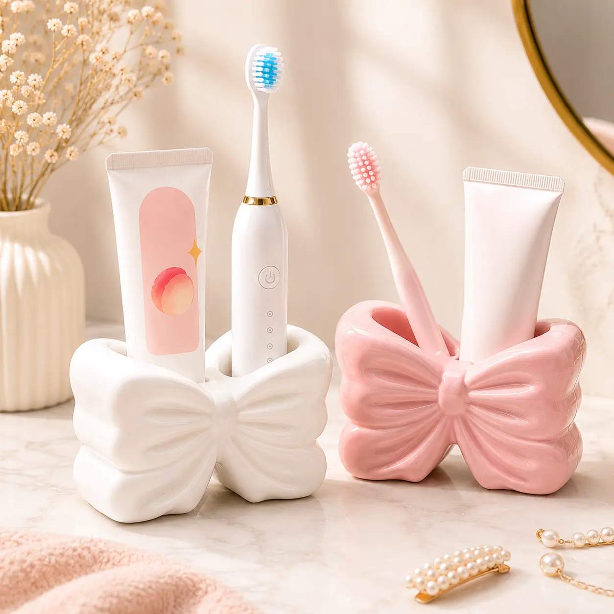 Cute + Functional Resin Toothbrush Holder with Bow Design - Toothbrush Holder Organizers, Bathroom Countertop Bath Decor, Vanity Accessories, Couple Gift Pick (Fits Makeup Brushes, Pens)