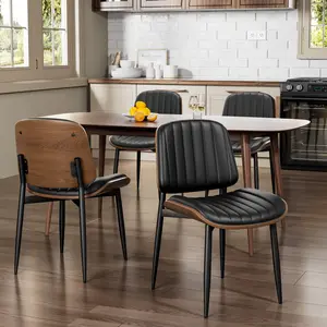 AOWOS Dining Chairs Set of 2, FSC Certified Mid Century Modern Dining Room Kitchen Chairs, Upholstered PU Leather Vertical Stripe Chairs for Vanity with Walnut Bentwood and Metal Legs, home,  bar set, soft, seat, cushion