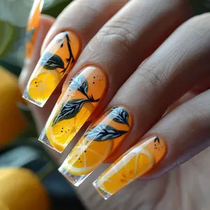 24pcs Summer Lemon Slice Nail Art Design, Nail Designs, Fresh Long Ballerina Nails, Glossy Finish, Detachable False Nails