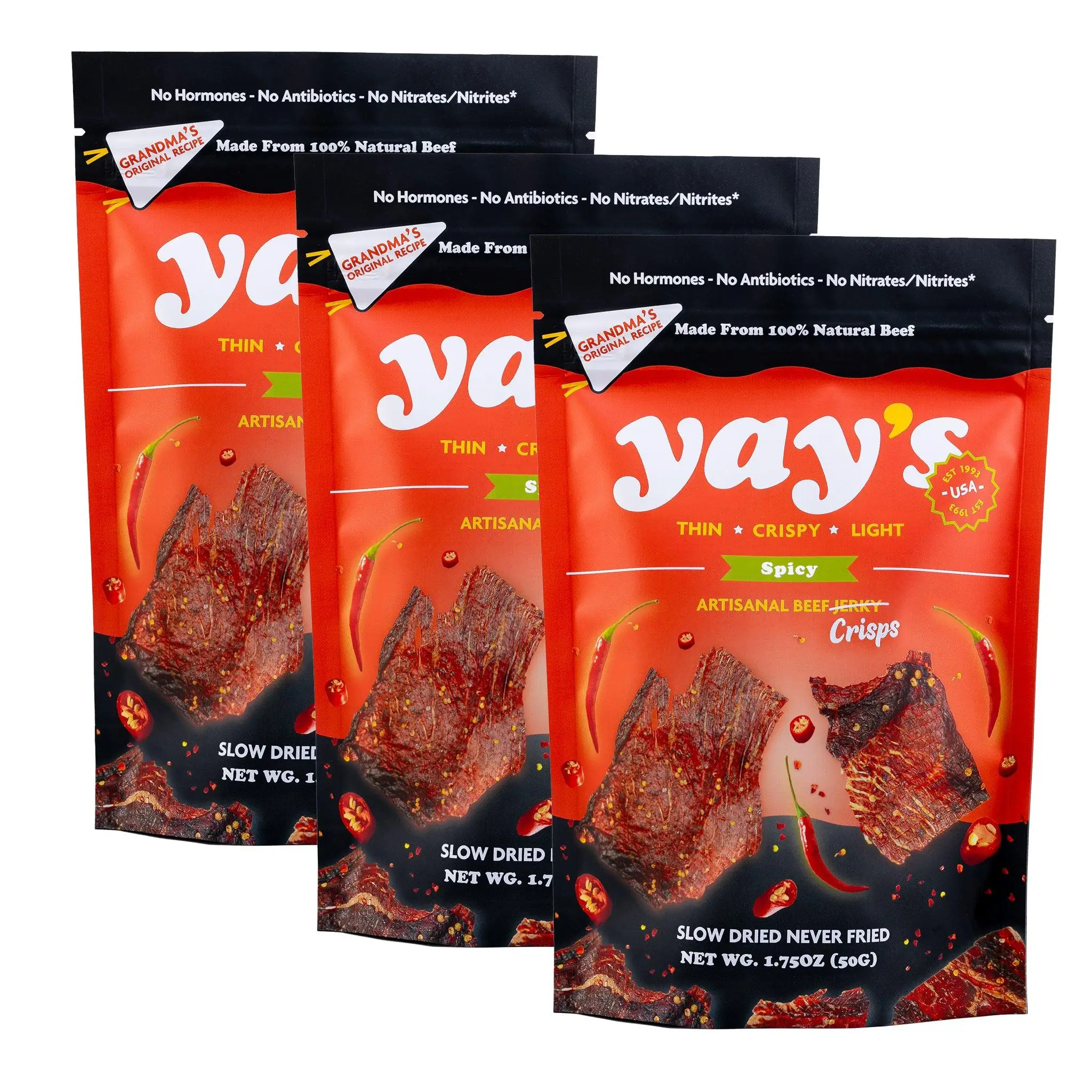 Yay’s Beef Jerky – Spicy – 3 pack - Thin and Crispy - Crispy Meat Snacks with 24G Protein per Bag | Non-GMO, USA Made, 3 Packs (1.75 Oz Each)
