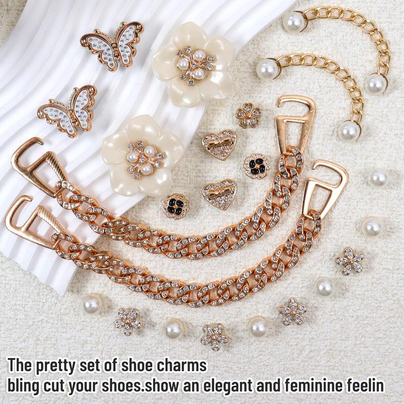 24 Pcs Bling Shoe Charms for Women with Flower Pearl Sparkling Chains & Unique Shapes DIY Accessories for Clog Rhinestone Shoes Chain Charm Cute Shoe Charms for Birthday Party