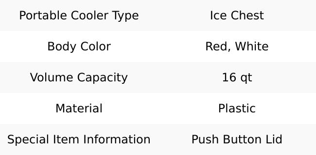 Igloo Portable Coolers, Type: Ice Chest, Volume Capacity: 16 Qt, Color: Red/White, Material: Plastic, Includes: Push Button Lid 43362