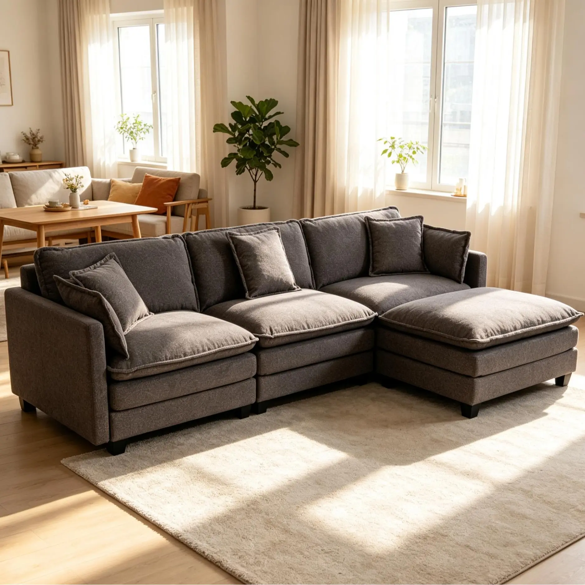 Eyisean 113" Chenille Modular Cloud Sectional Sofa Set, Modern 3 Seat Upholstered Couch with Pillows, Comfy L Shape Sleeper Couches with Ottoman, Double-Layer Seat Cushion Design, Deep Seat Sofa for Living Room, Bedroom, Apartment
