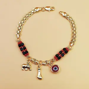 Boho Red & Black Beaded Elephant Charm Bracelet, Golden Plated Copper Devil's Eye Pendant, Bohemian Jewelry for Parties, Music Festivals & Everyday Wear, Perfect Gift