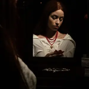 Frankenstein Elizabeth three layer red beaded scarab cross necklace