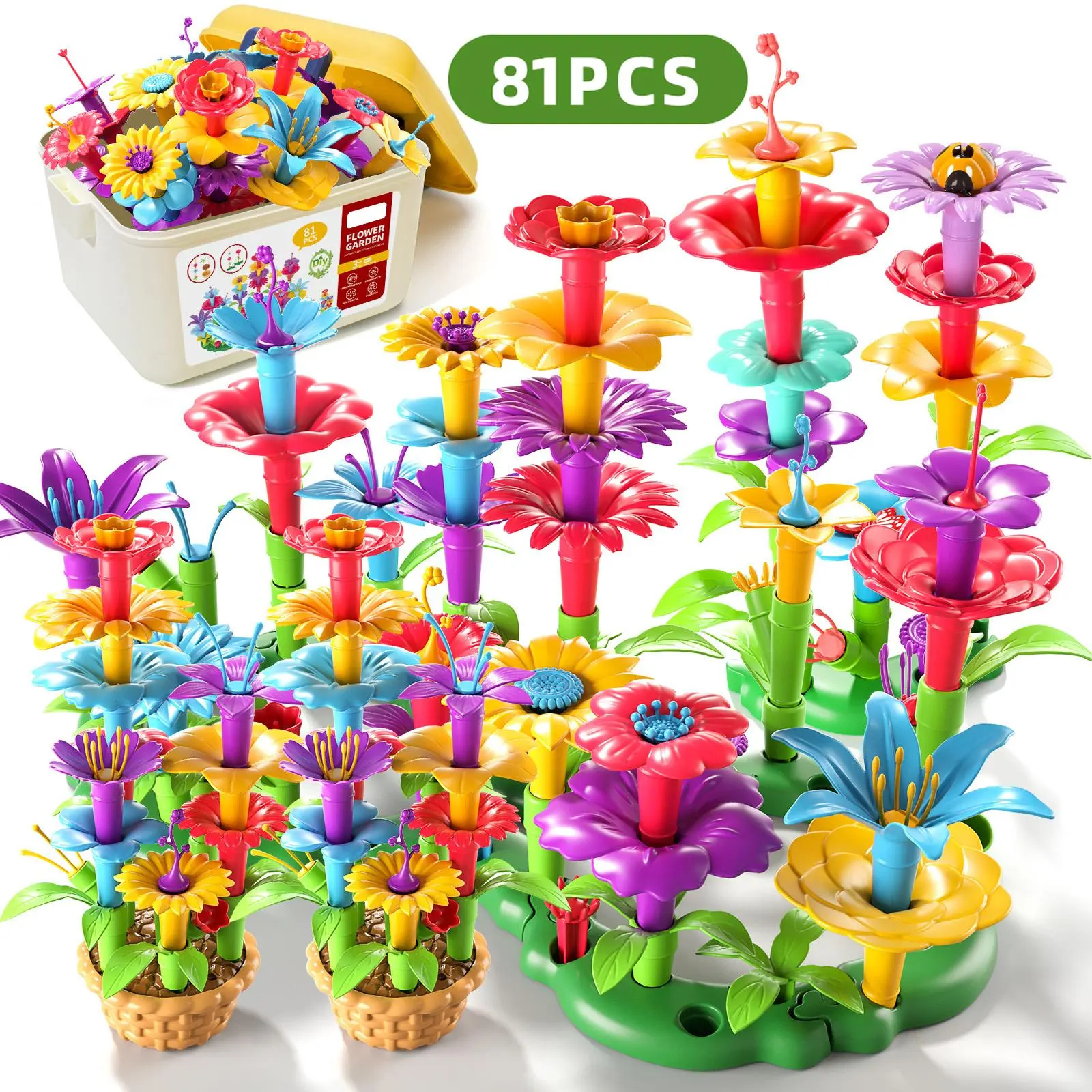 Flower Assembly Bricks Buildable Blocks Kit - Complete DIY Set, STEM Educational Toy Project with Storage Box, Birthday Gift for Kids