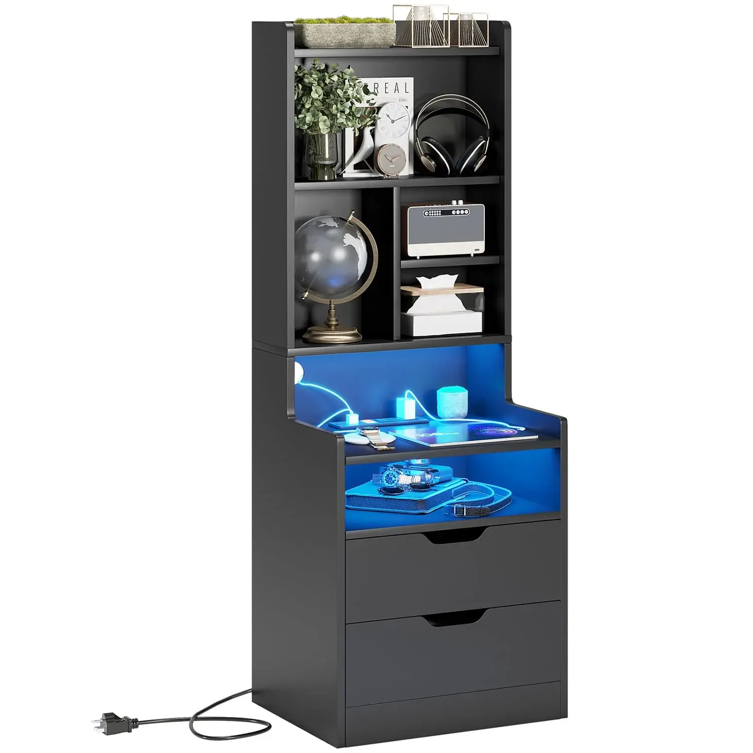 Sikaic Tall Nightstand with Charging Station, LED Lights, Drawers, Bookshelf, USB Ports & Power Outlets - Nightstands for Bedroom Indoor Furniture